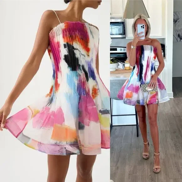 Aje Celestial Pleated Organza Sleeveless Mini Dress Abstract Pink Blue Size 6